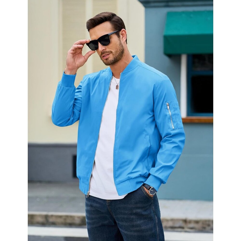 Men's #01 Ice Blue Bomber Jacket Coats Casual Zip Pocket Outwear 5 Pockets - Picture 3 of 6